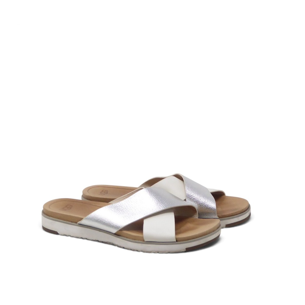 UGG Women Slide Sandals White Silver Metallic Leather Kari 1018901 Size 9